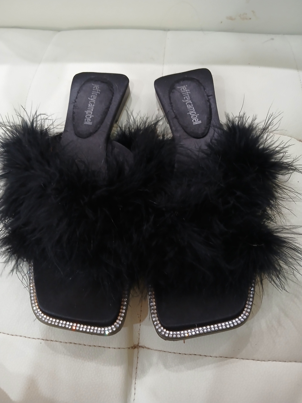 Jeffrey Campbell Black Feather Slide Sandals with Rhinestone Border